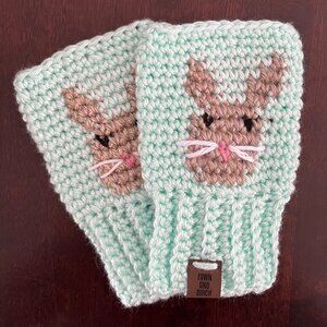 Handmade Mint Green Bunny Fingerless Gloves, Wrist Warmers Made in Canada